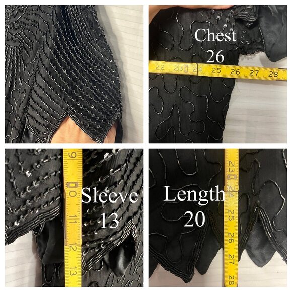 Vintage Laurence Kazar Black Beaded Silk Top 3X Short Sleeve Party Elegant sheer - Picture 11 of 16